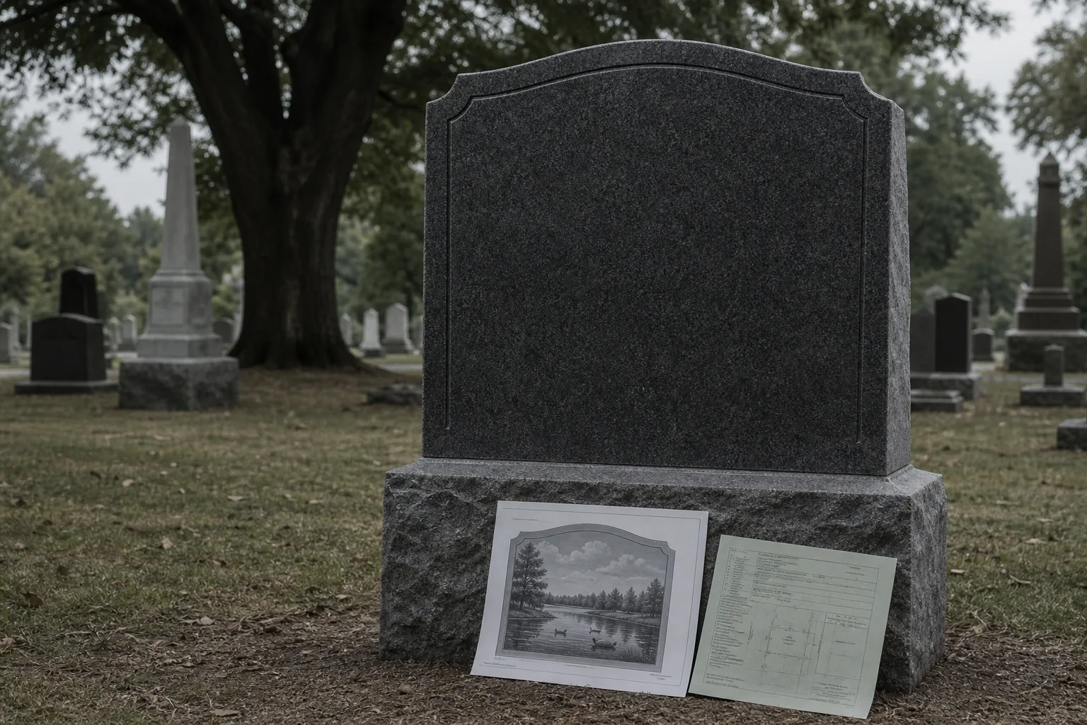 A granite memorial monument standing in a cemetery section, with a printed engraving proof drawing and a plot record document resting against its base