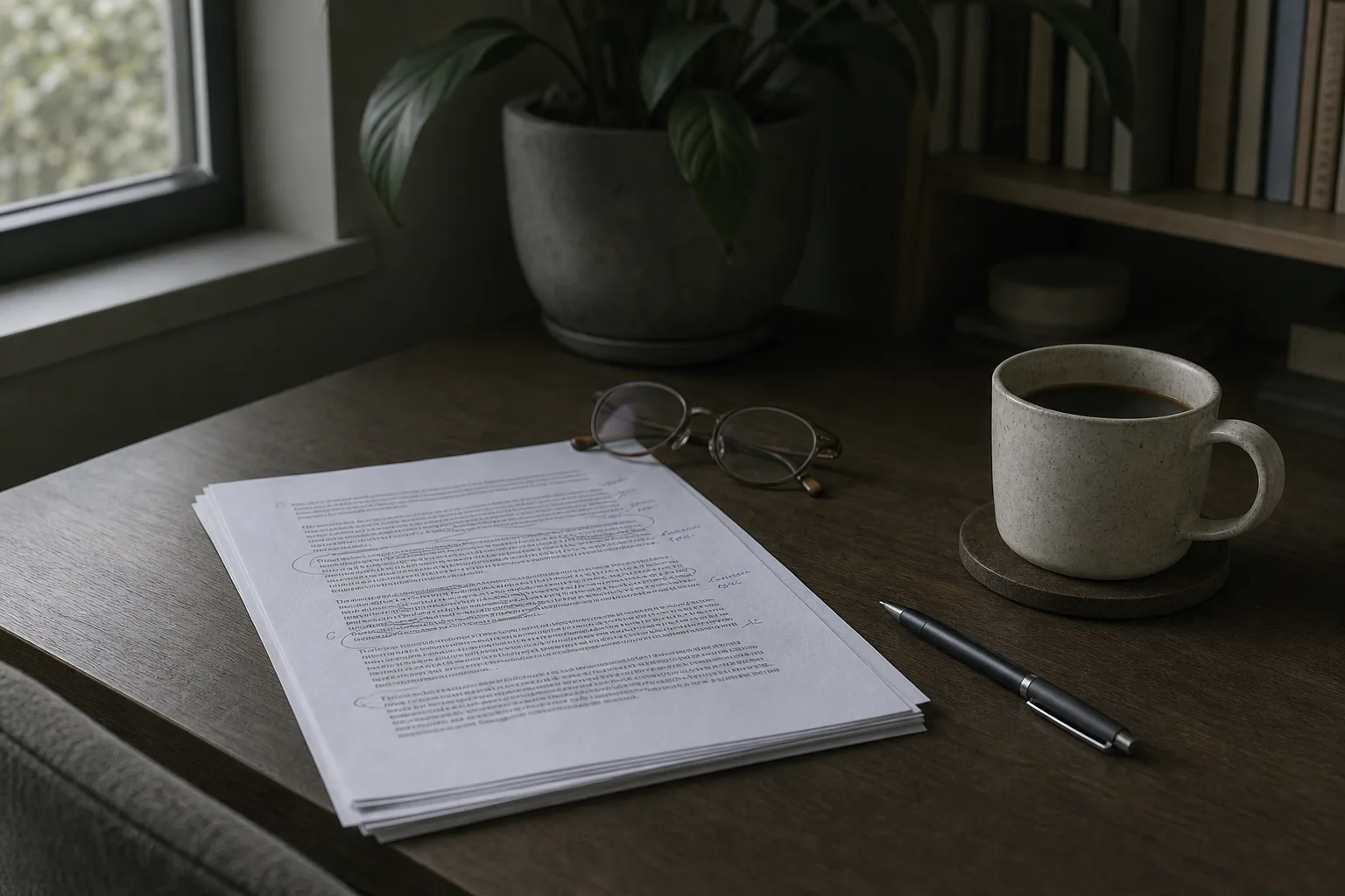A printed multi-page services contract on a desk with several paragraphs marked in pen, a pair of reading glasses and a coffee cup beside it
