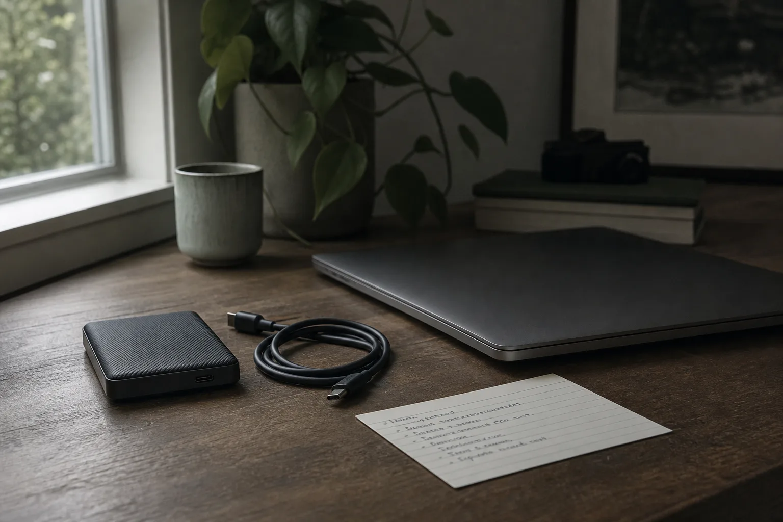 An external hard drive and a coiled cable resting on a desk beside a closed laptop and a handwritten index card