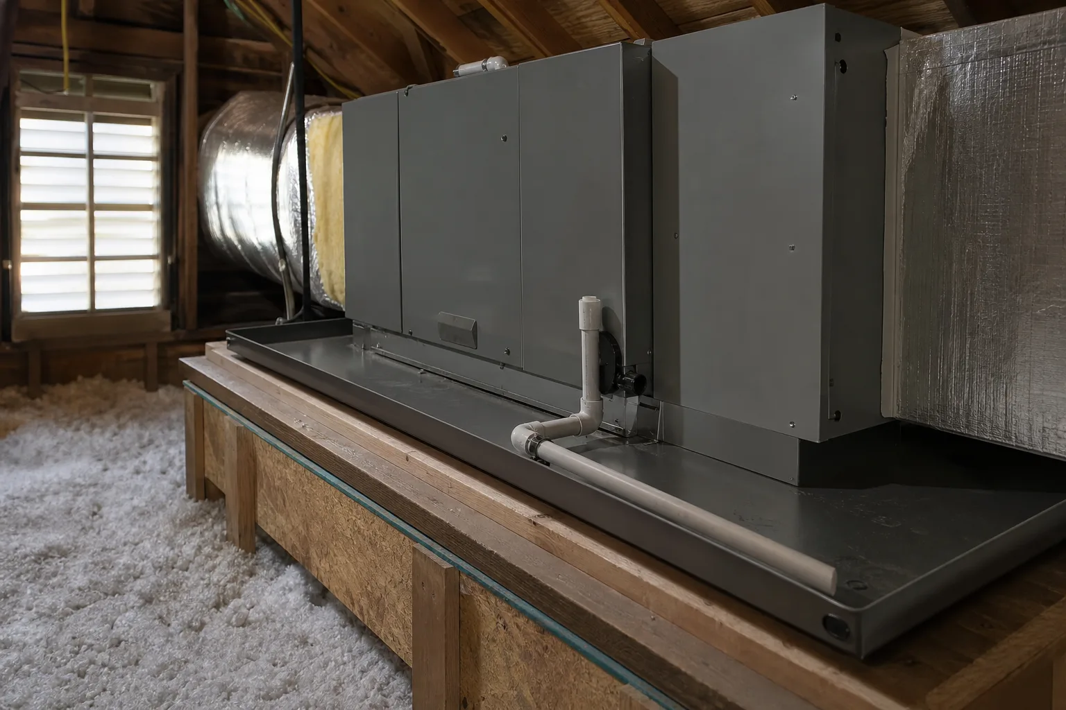 An attic air handler with a white plastic drain line and a metal drip pan beneath it, insulation visible around the platform