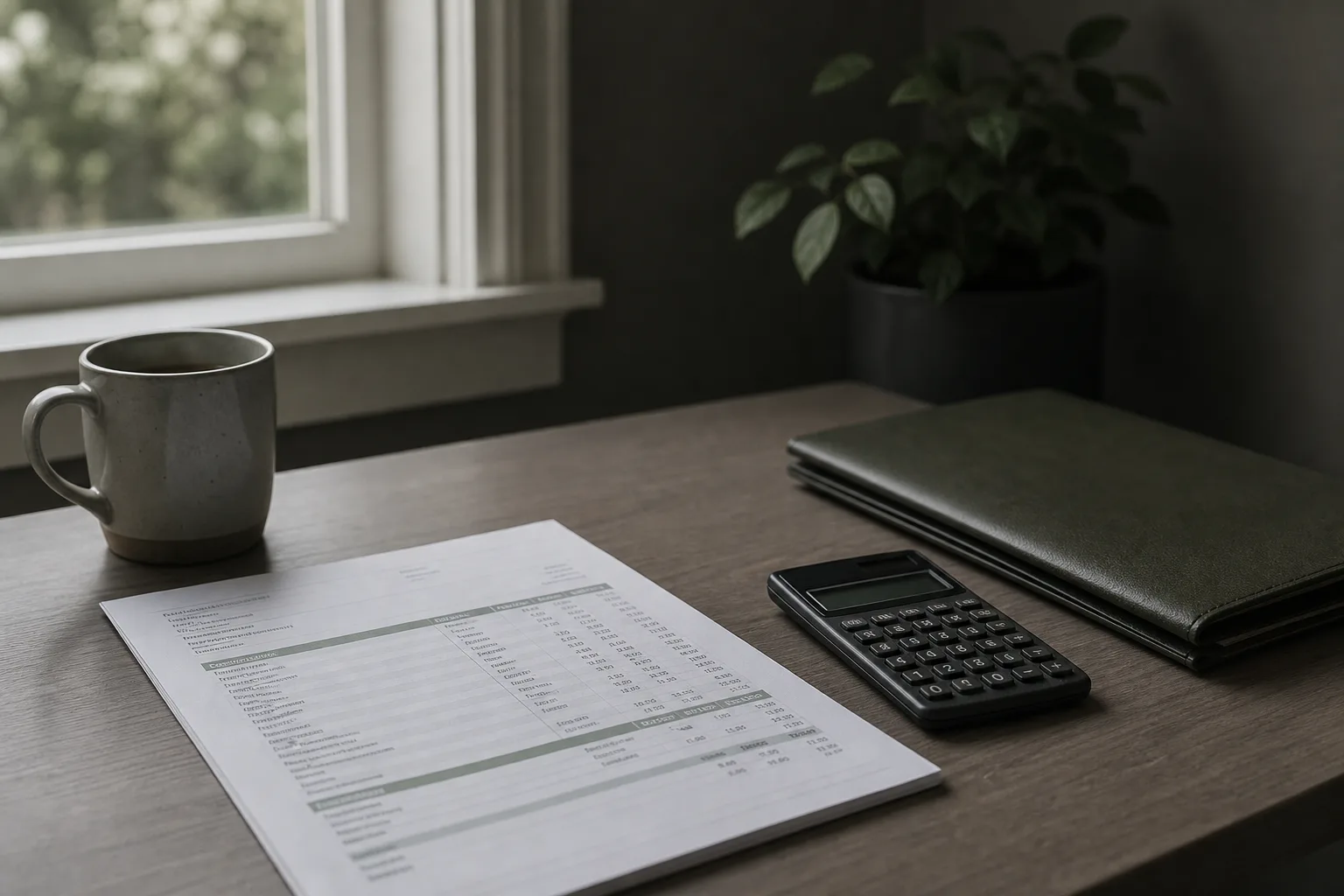 A monthly financial statement and a pocket calculator on a desk beside a closed folder and a cup