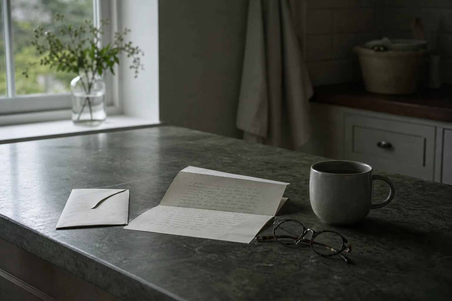 An opened letter on a kitchen counter beside a pair of reading glasses and a mug, the envelope set to one side