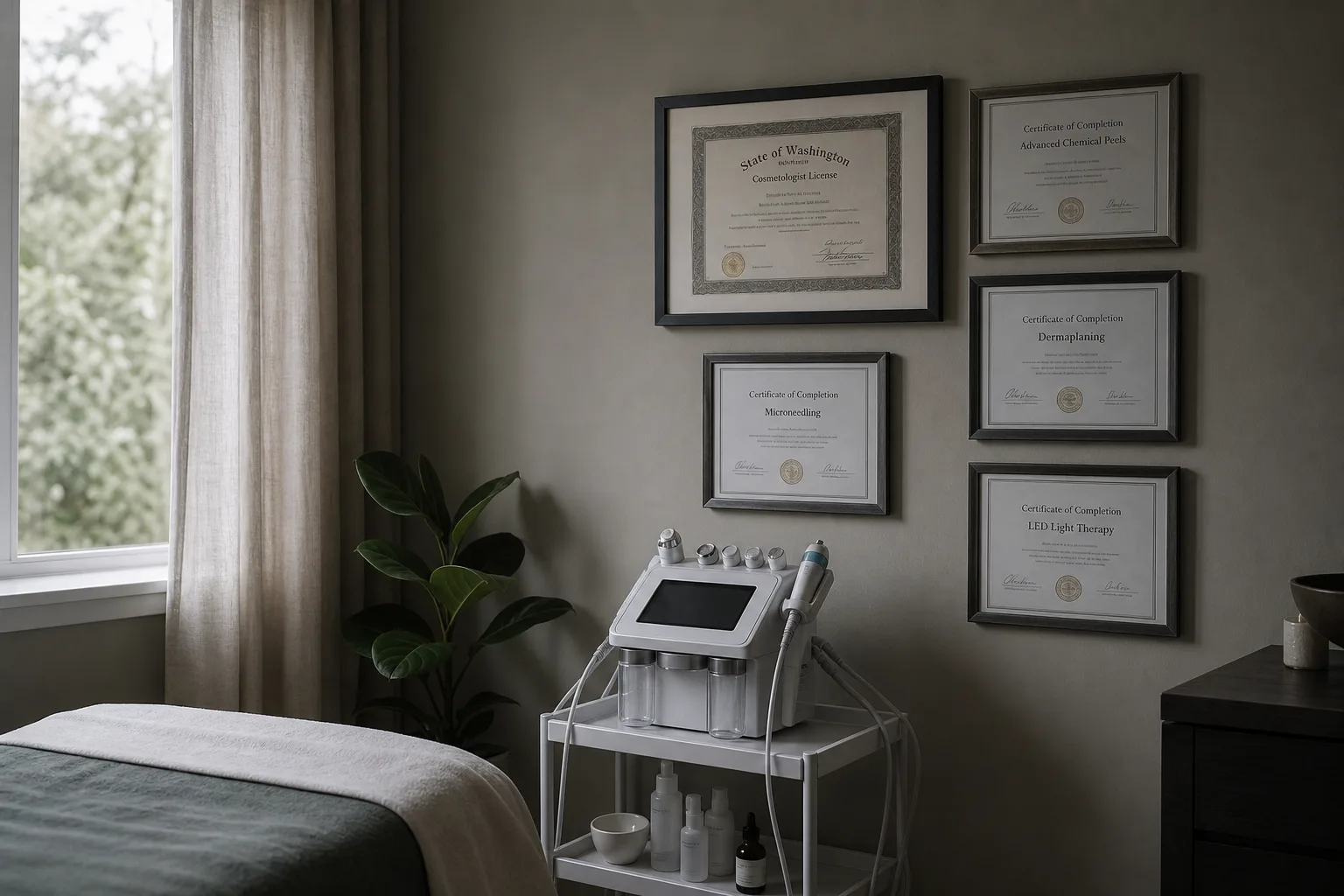 A framed state license and several training certificates mounted on a treatment room wall beside a professional facial device on a rolling cart