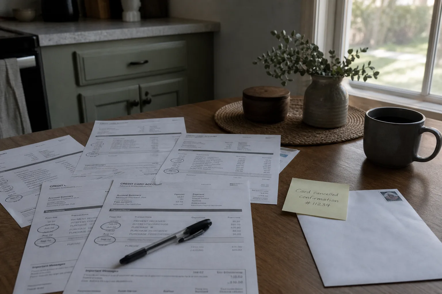 A kitchen table with several months of credit card statements spread out, charge dates circled in pen, a cancellation confirmation written on a sticky note,...