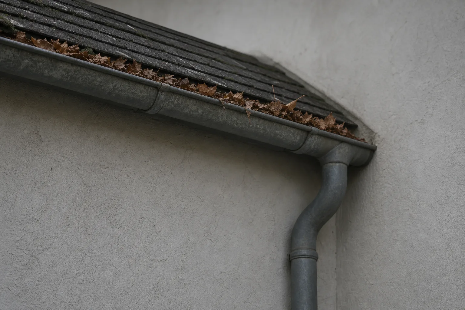 A section of gutter at a roof edge with leaves collected in it, seen from below against a plain wall