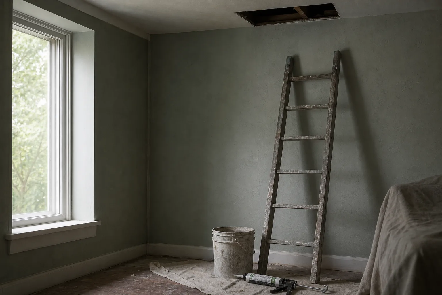 A ladder leaning against an interior wall beside a bucket, a caulking gun and a small opened section of ceiling