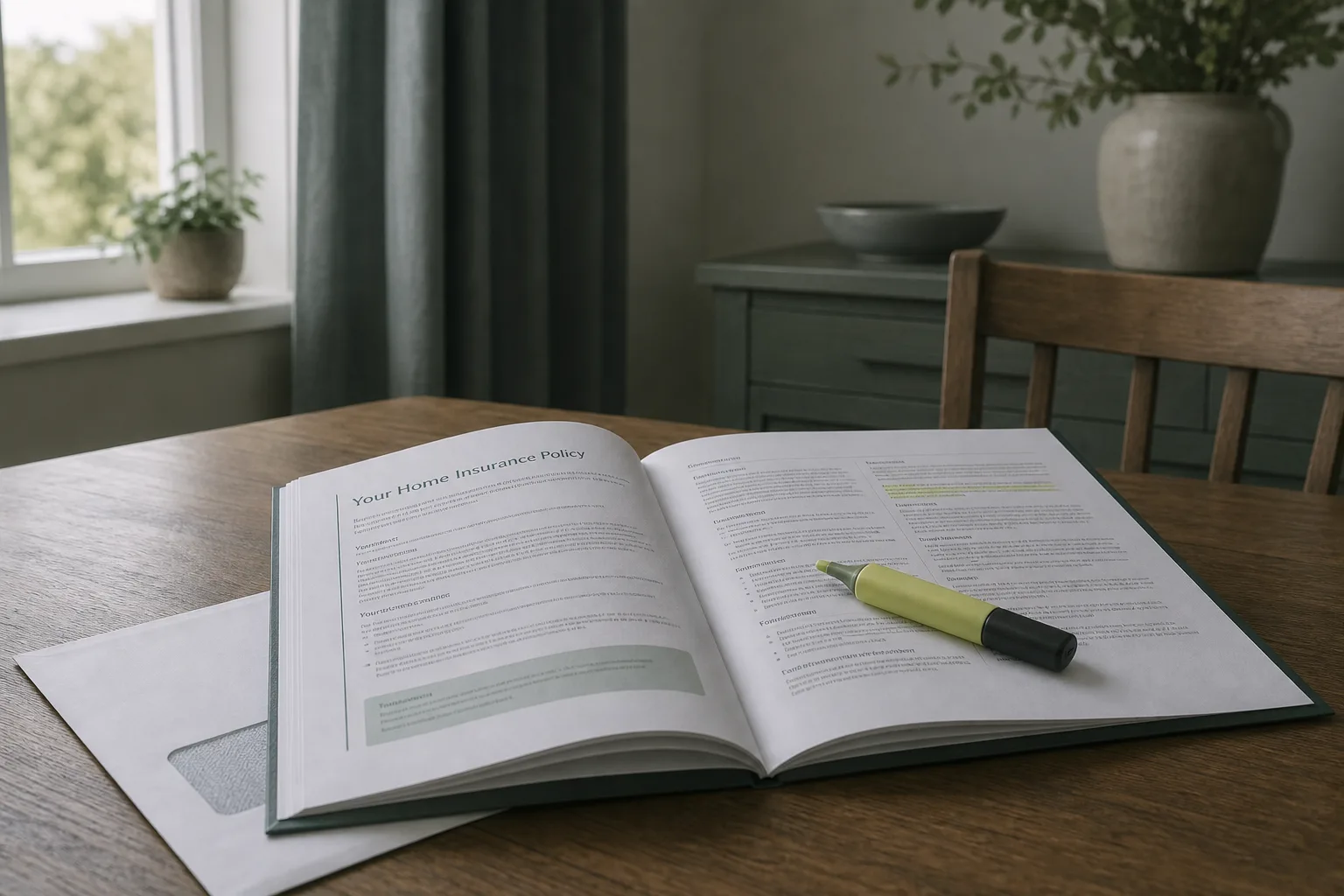 An open insurance policy booklet on a dining table with a highlighter resting across the page and an envelope beneath it