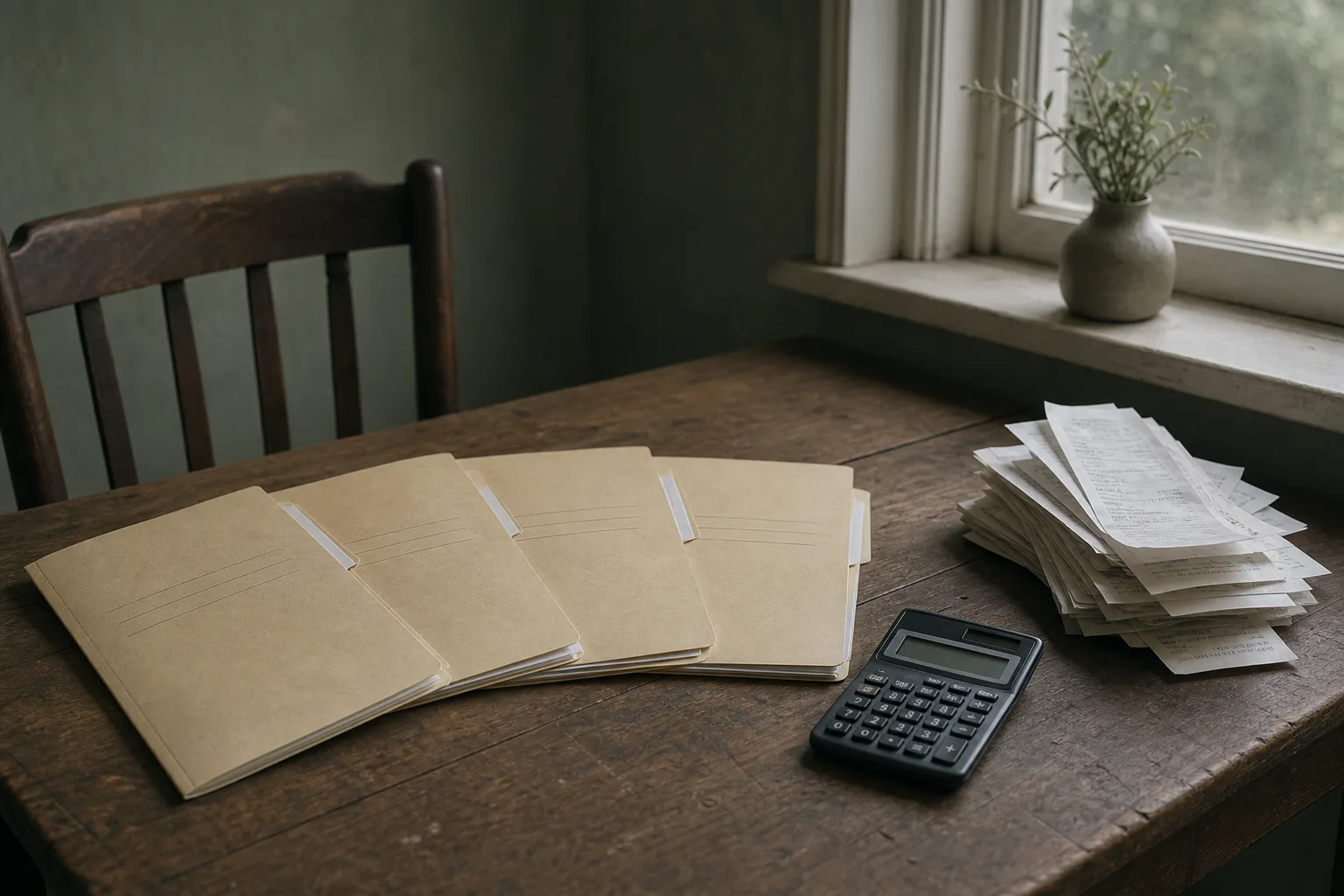 A wooden desk with four labeled manila folders fanned open, a stack of paper receipts and a small handheld calculator