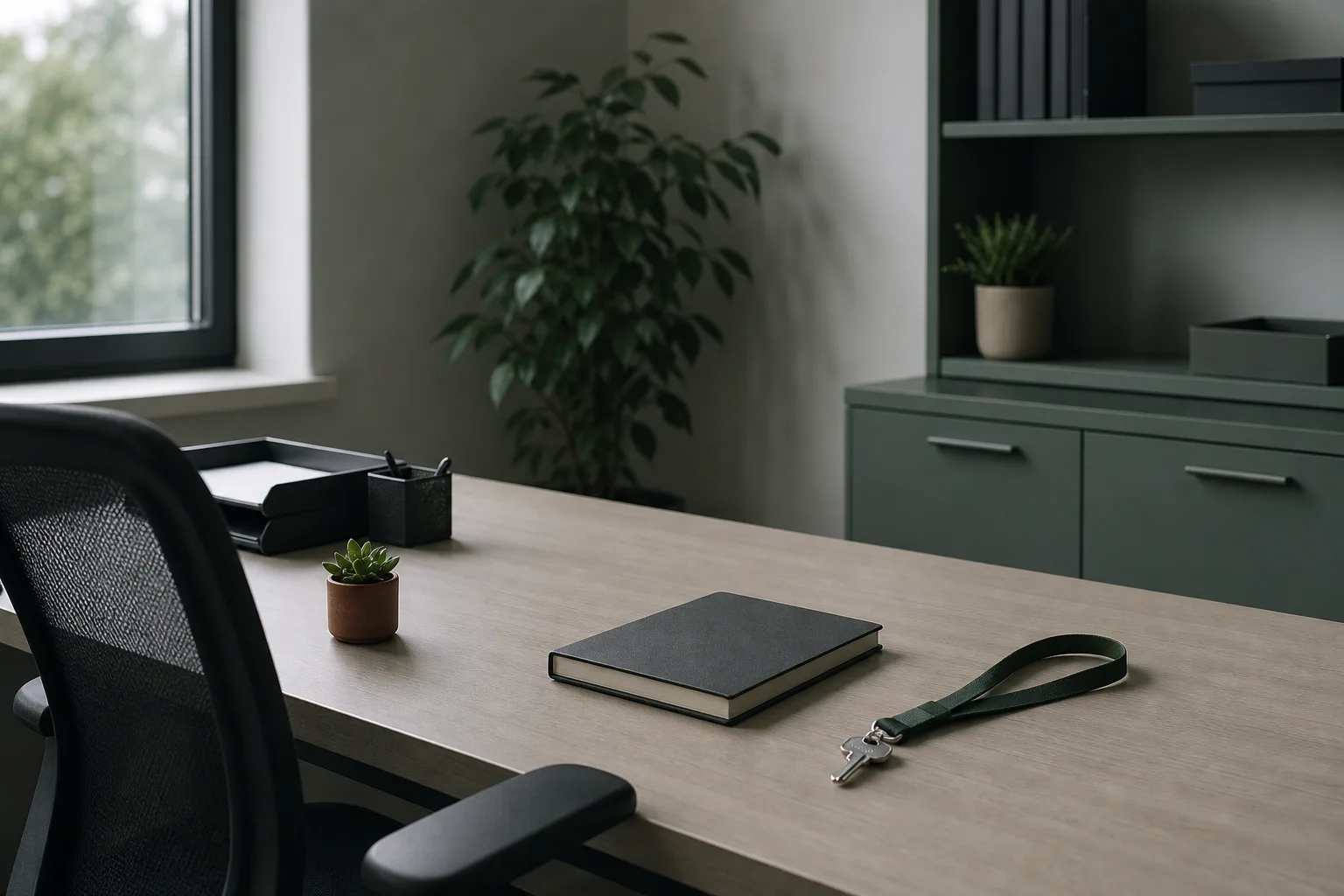 A desk prepared for a new employee with a notebook, a lanyard and a set of keys arranged on the surface