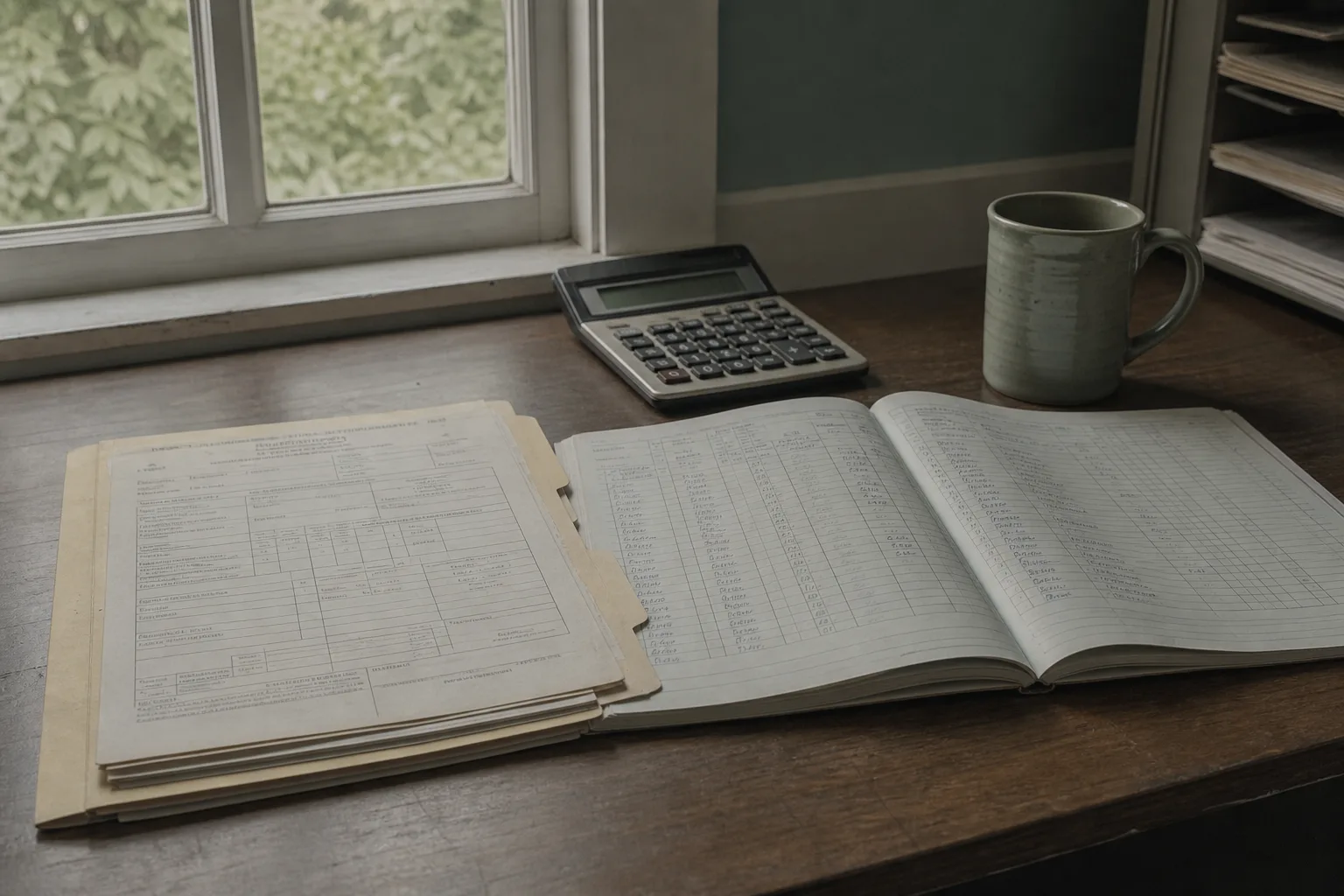 A folder of state agency forms and a payroll register open on a desk beside a calculator and a mug