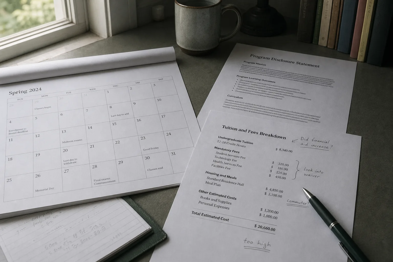 An academic calendar page and a printed program disclosure sheet laid side by side on a desk, with a pen and a marked-up tuition fee breakdown