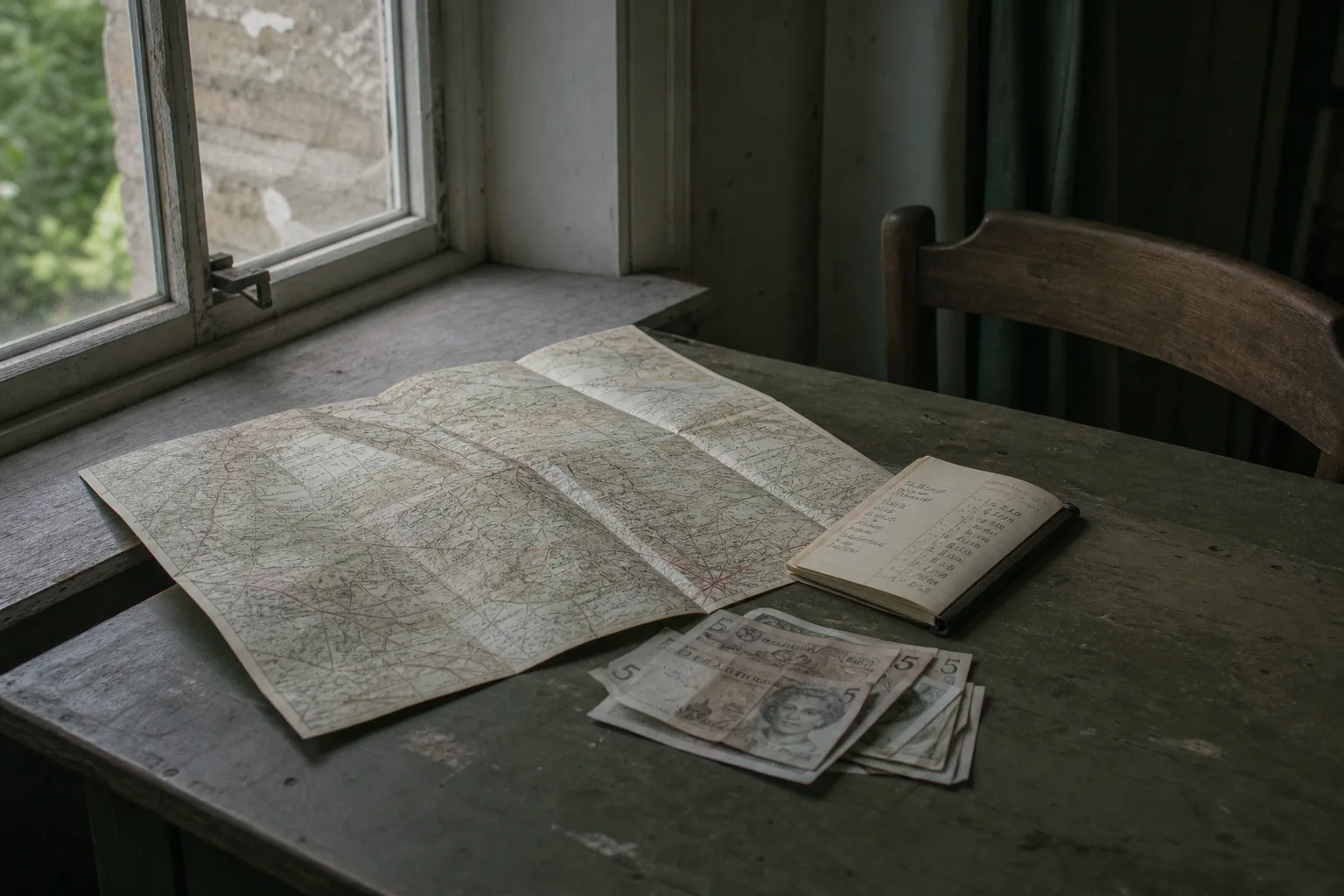 A folded paper map, a small notebook with a column of handwritten figures, and a stack of low denomination banknotes on a table