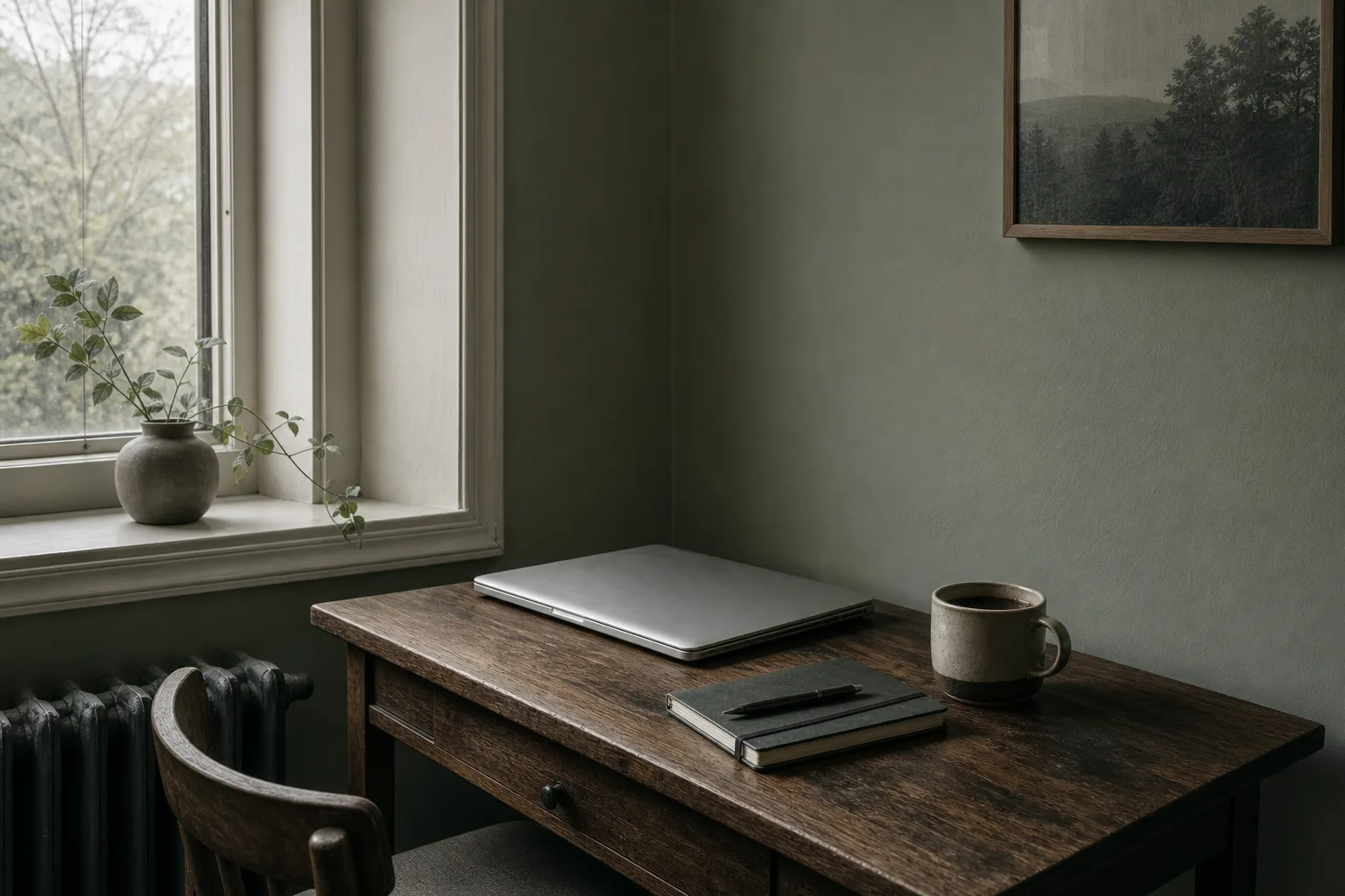 A small desk in the corner of a room with a laptop closed, a mileage notebook and a coffee cup on a wooden surface