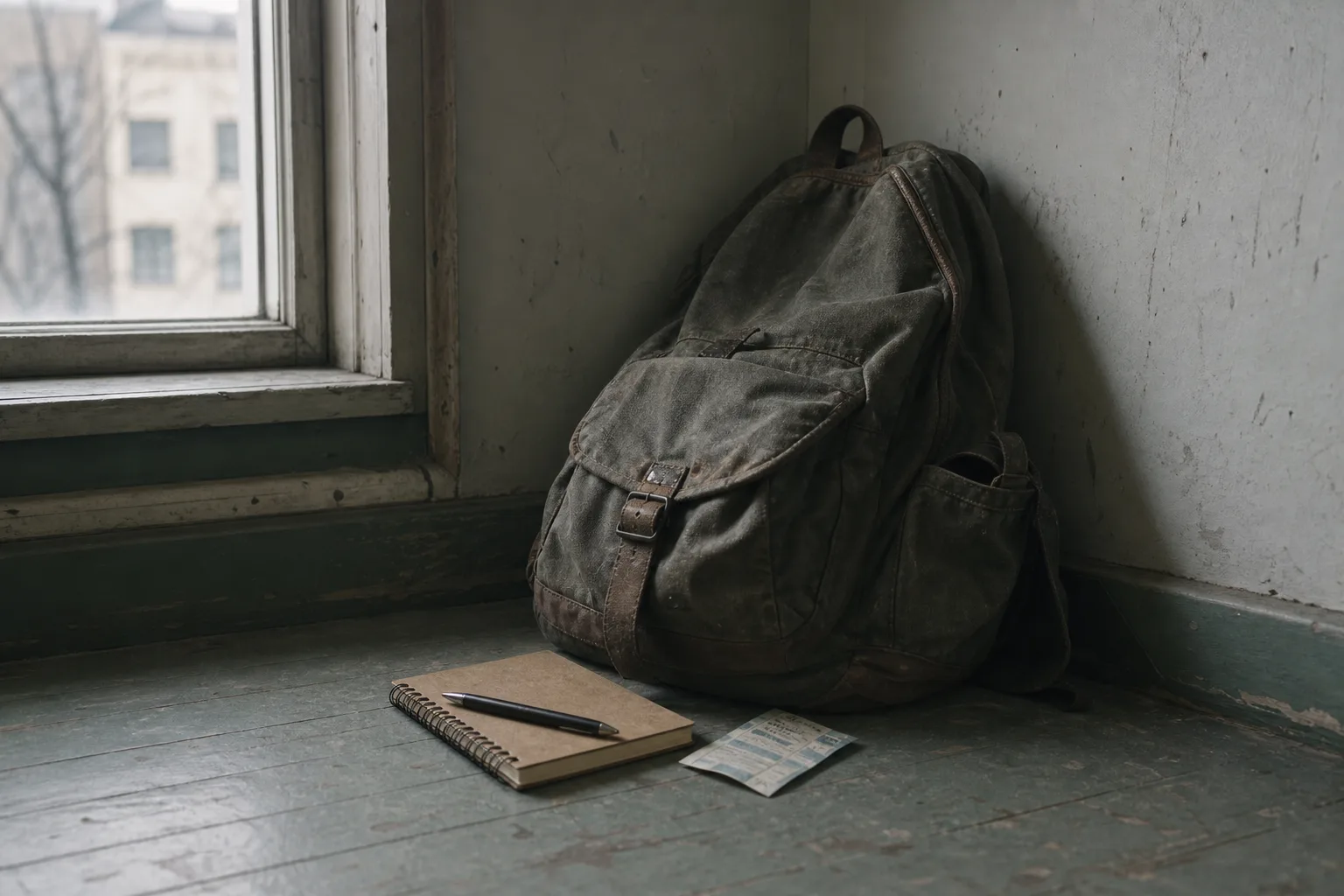 A worn backpack propped against a wall beside a small notebook, a pen and a folded transit ticket