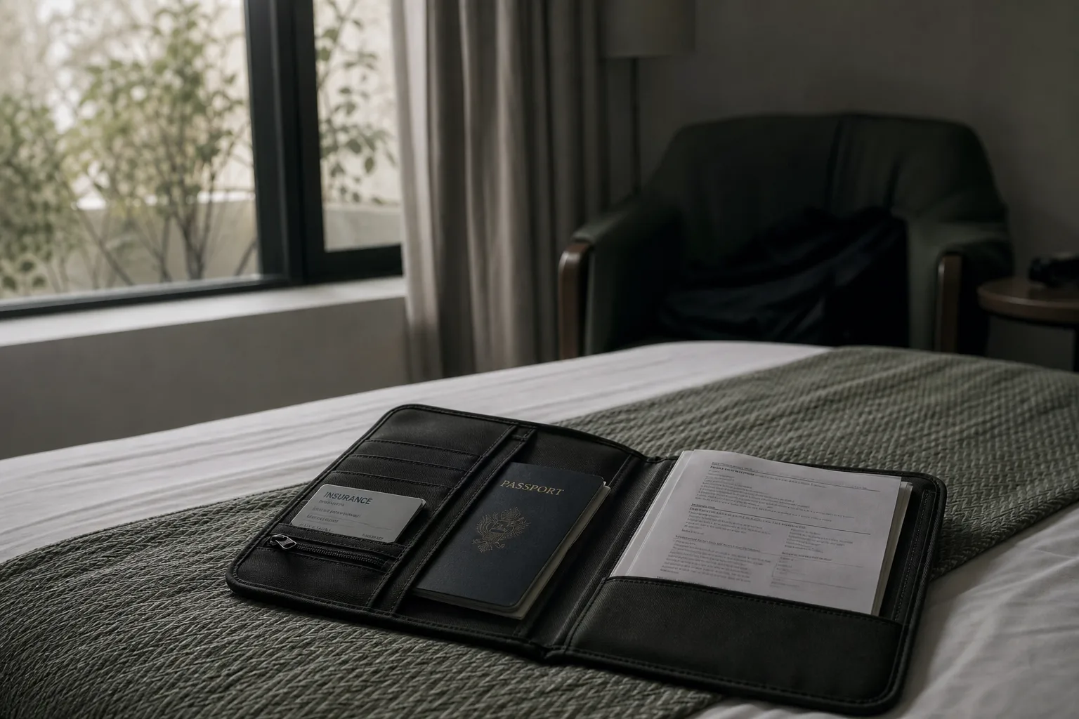 A travel document folder open on a hotel bed showing an insurance card, a passport and folded printed pages