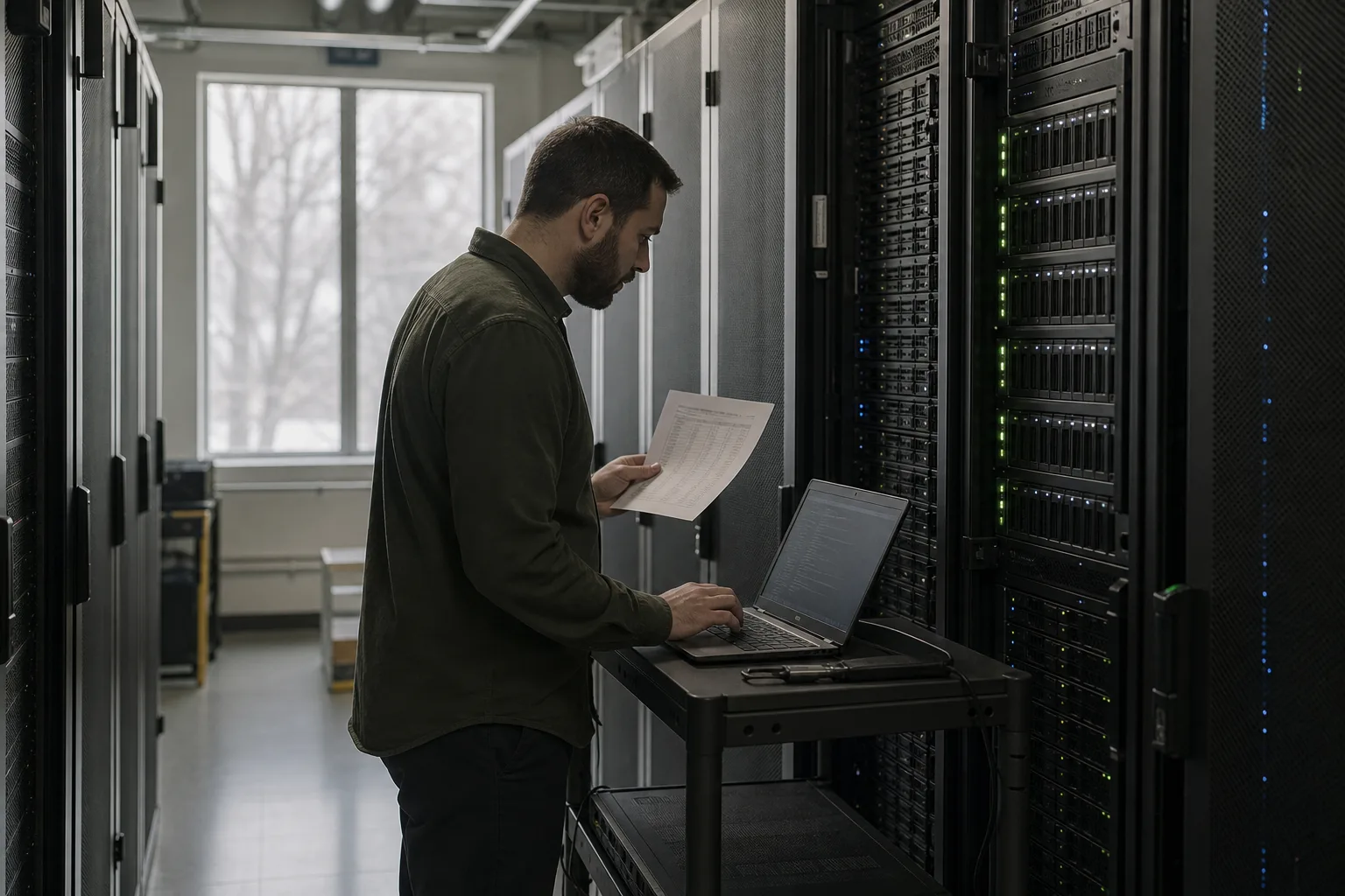 A server room aisle with a technician at a laptop on a rolling cart, checking a printed schedule against racked storage equipment