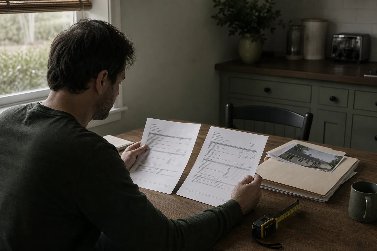 A homeowner at a kitchen table comparing two insurance declarations pages side by side, with a tape measure and a folder of house documents nearby