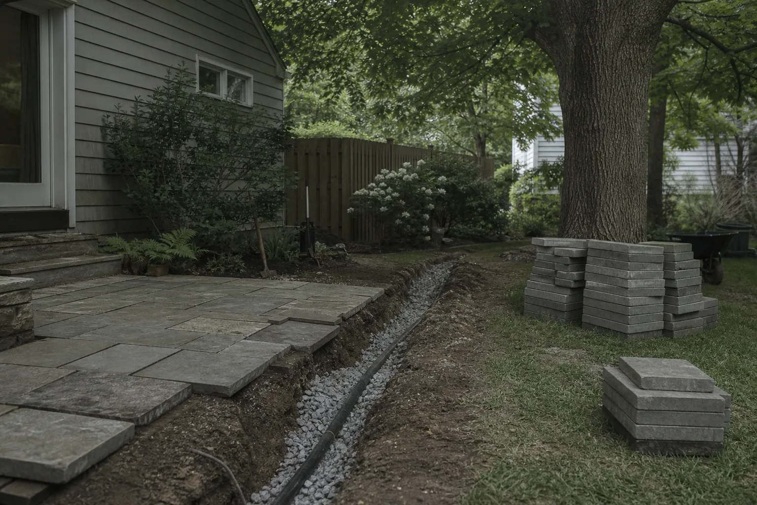 A residential backyard mid-project, with an open gravel-filled drainage trench running past a partially laid stone patio, a mature shade tree nearby, and sta...