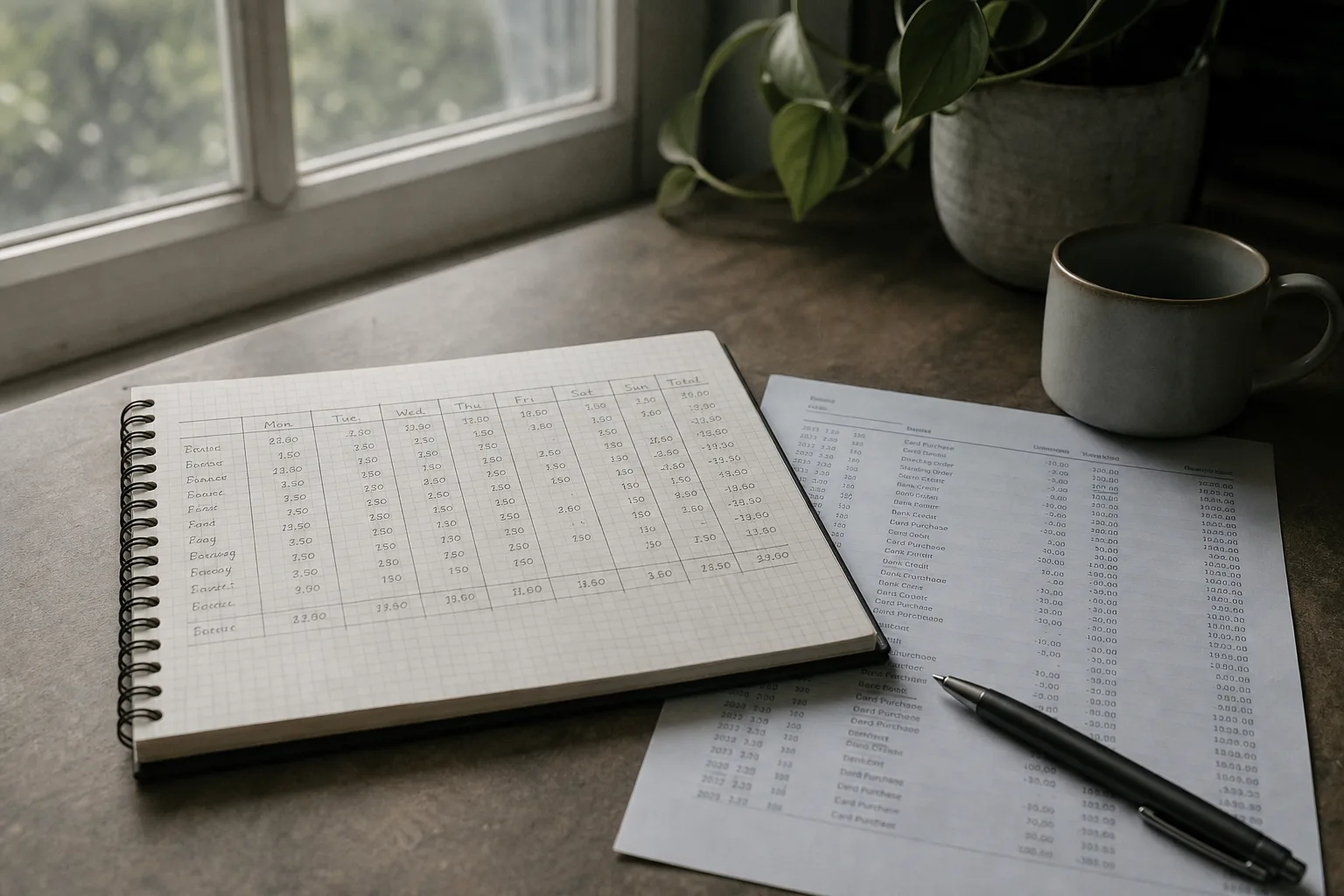 A spiral notebook open to a hand-ruled grid of weekly figures, beside a bank statement and a pen on a desk