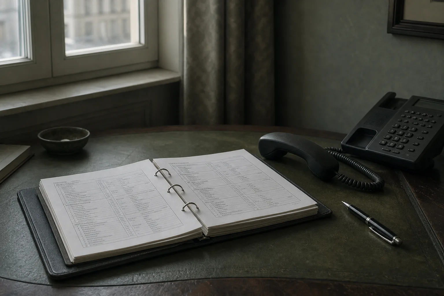 A desk with an open ring binder of printed itineraries, a landline telephone handset resting off its cradle, and a pen