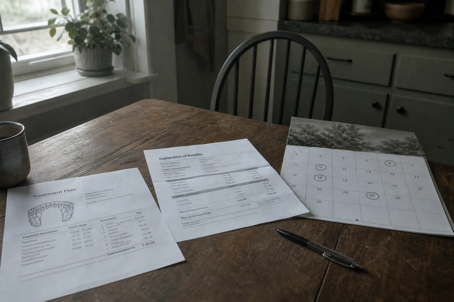 A kitchen table with a clinic treatment plan printout, an insurance explanation of benefits letter, a wall calendar with several dates circled, and a pen
