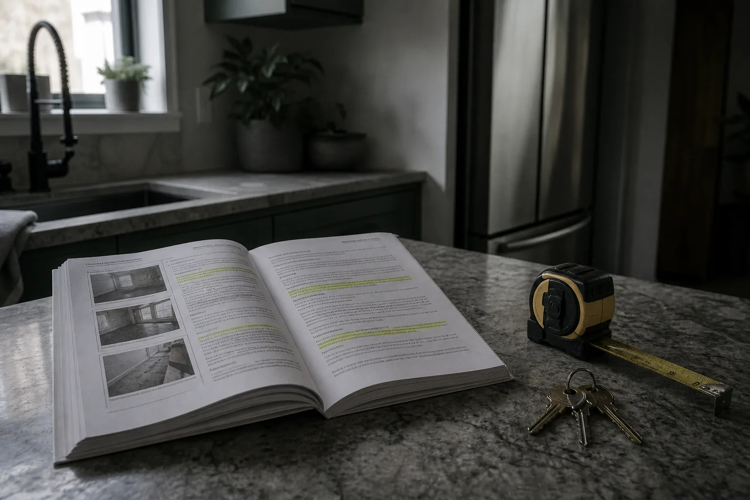 A printed home inspection report open on a kitchen counter with several passages highlighted, a tape measure and house keys beside it
