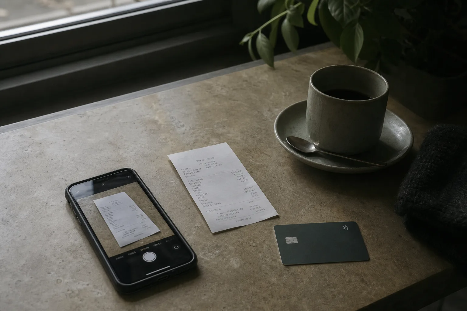 A phone lying face up on a counter photographing a paper receipt, with a card and a coffee cup nearby