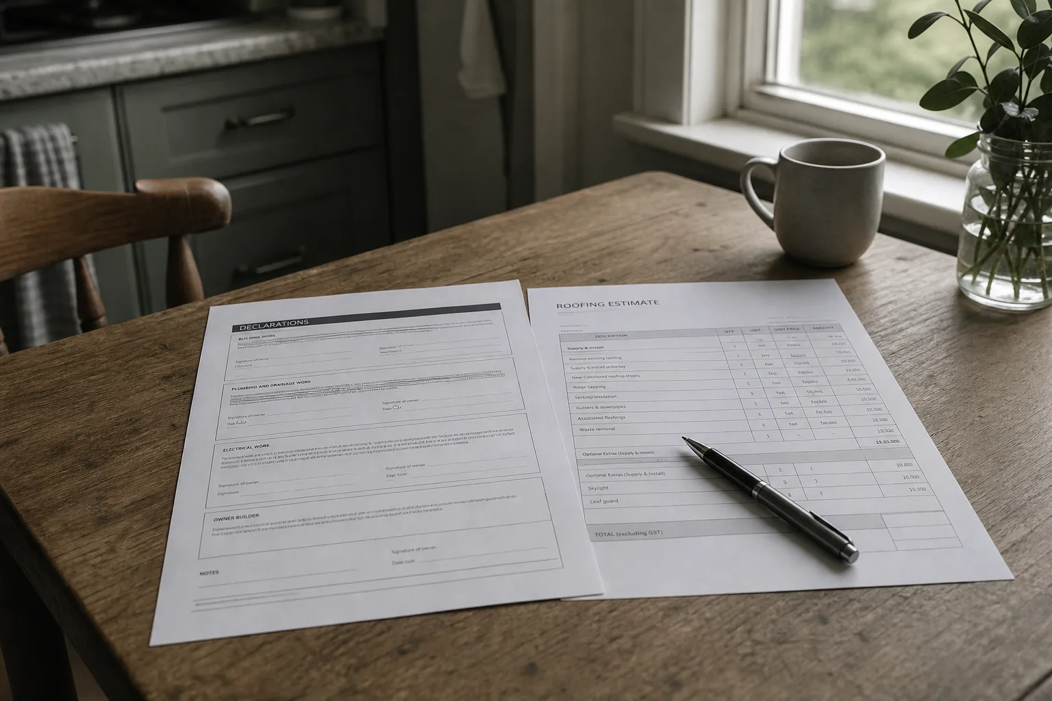 A declarations page and a roofing estimate spread side by side on a kitchen table with a pen resting on them