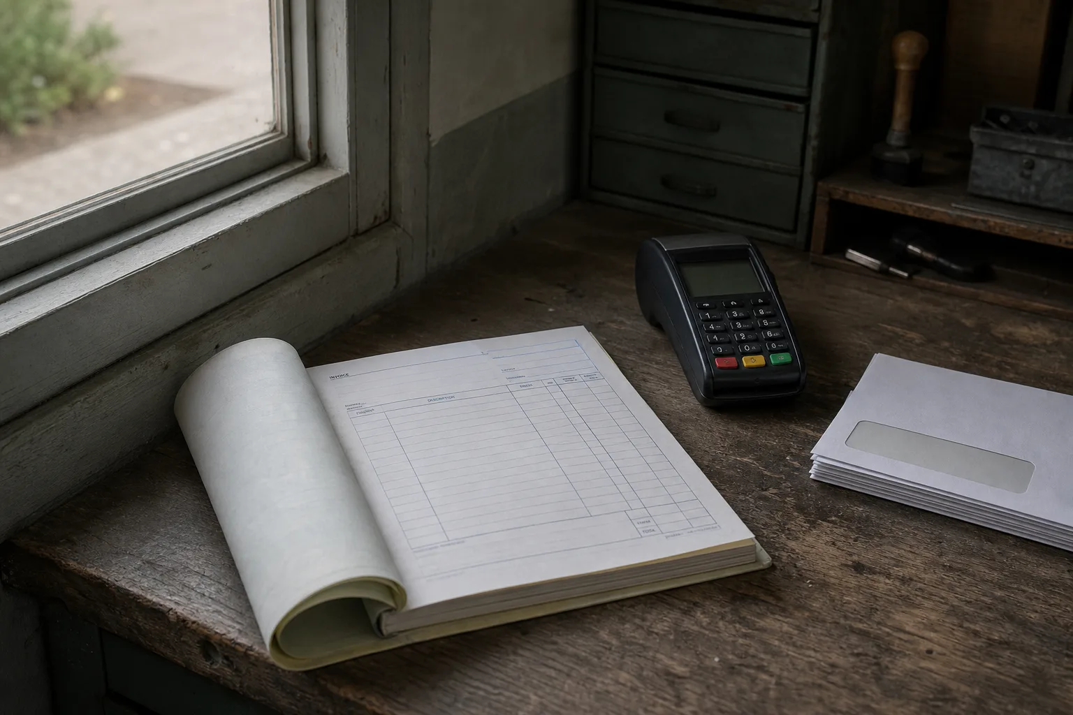 An invoice book open on a workbench beside a card reader and a small stack of business envelopes