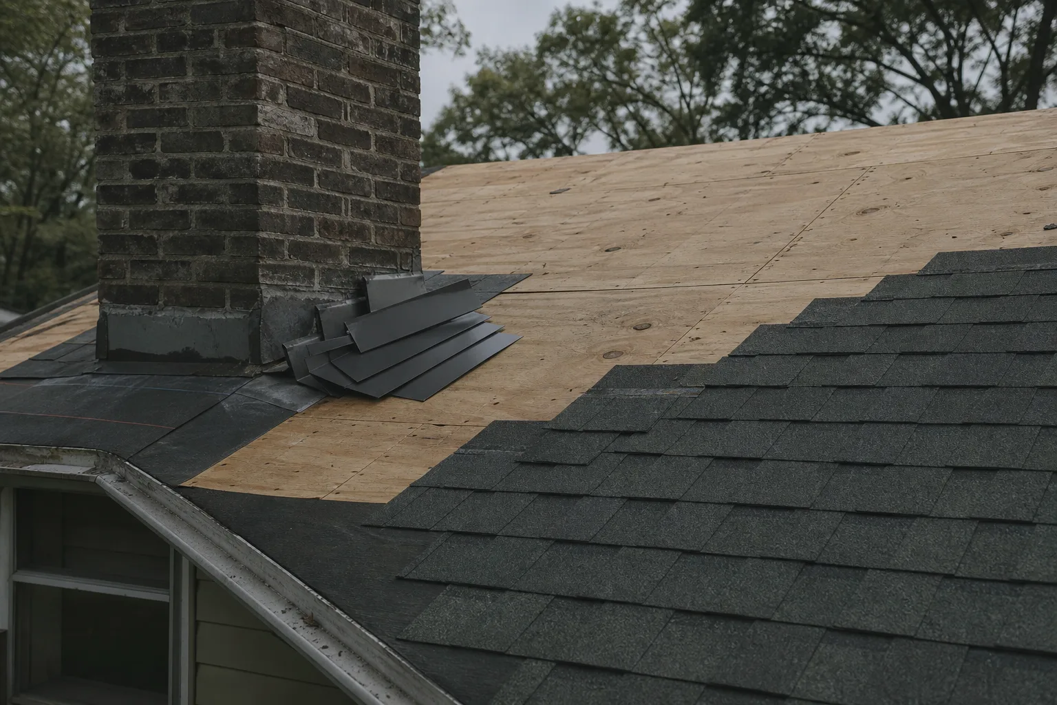 A residential roof mid-replacement with a section of bare plywood decking exposed, new step flashing stacked beside a chimney, and a row of architectural shi...