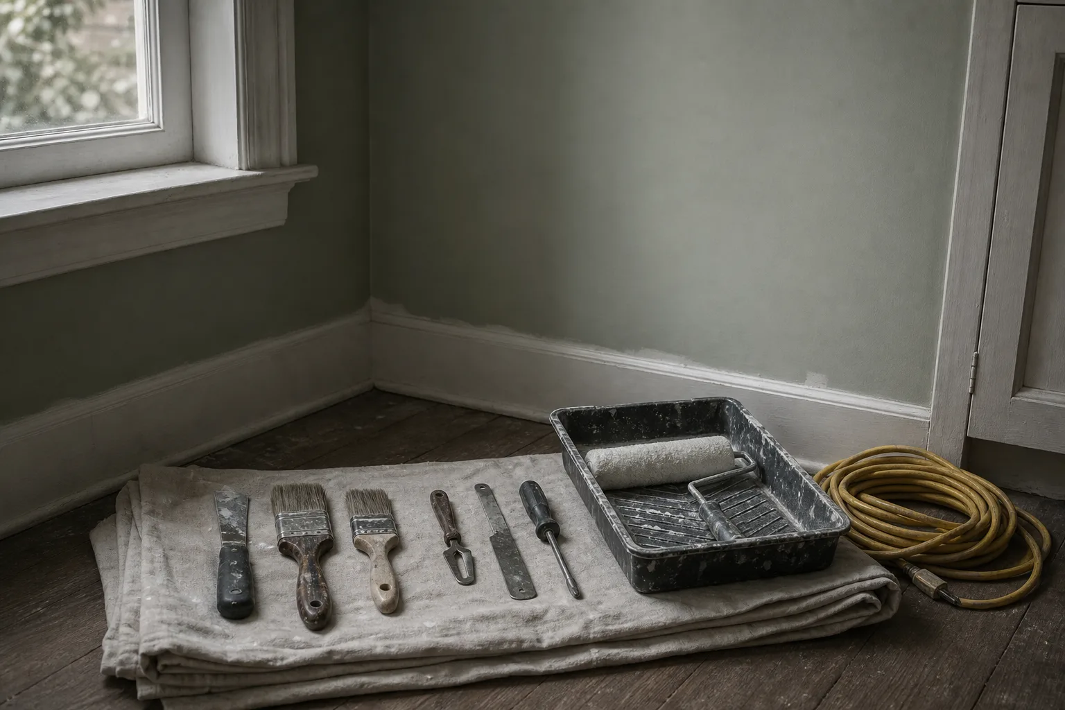 A row of hand tools laid out on a folded drop cloth beside a paint tray and a coiled extension cord