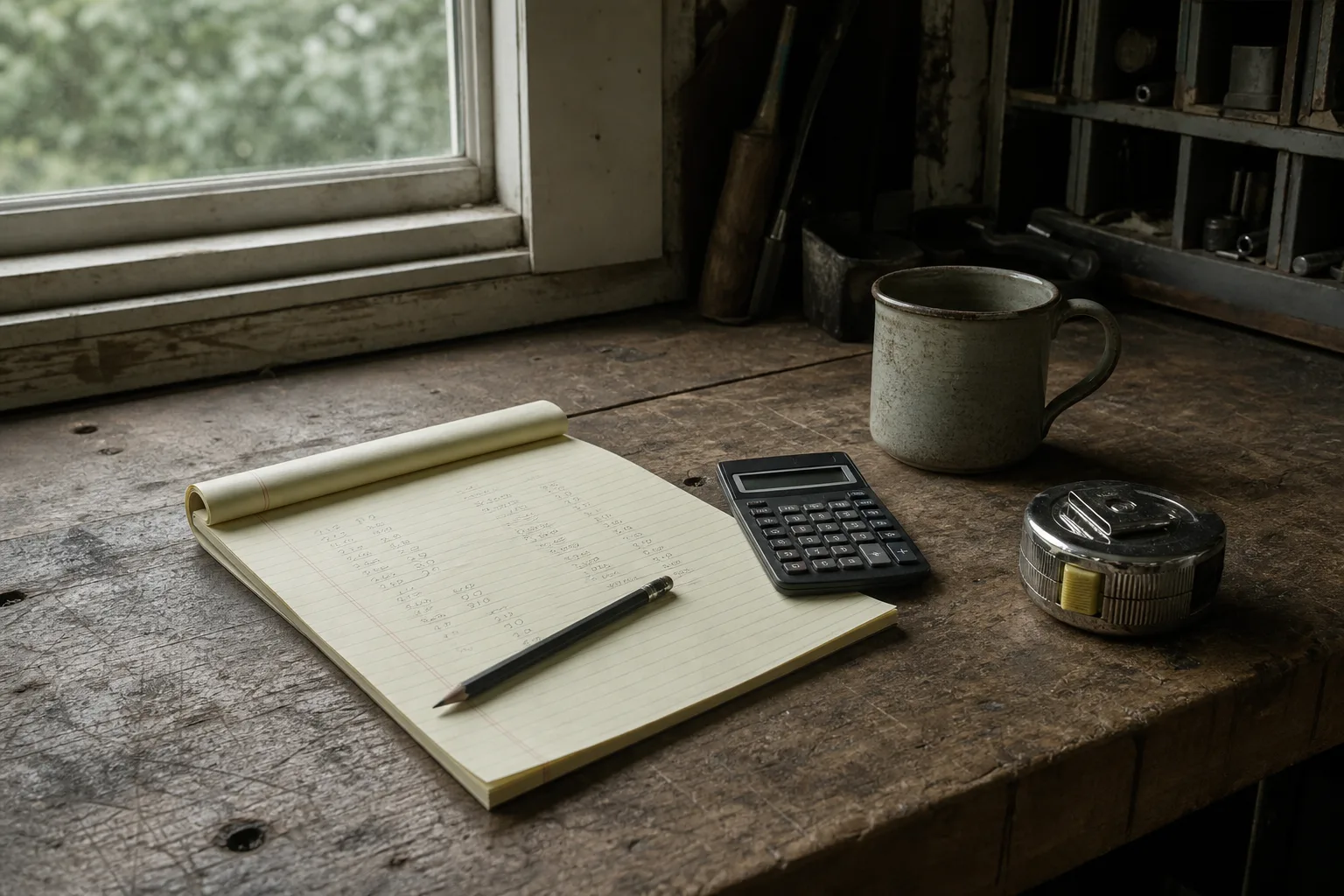 A workshop bench with an estimate pad, a pocket calculator and a metal tape measure resting beside a mug