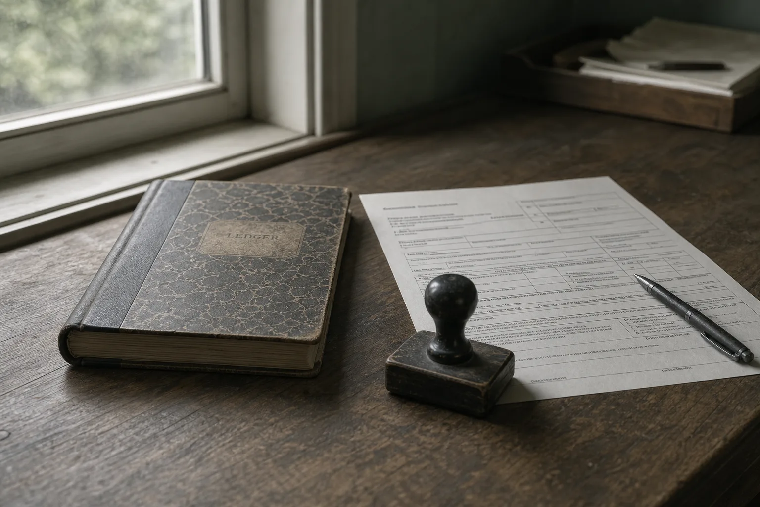 A small business ledger, a state filing form and a rubber stamp arranged on a wooden desk near a window
