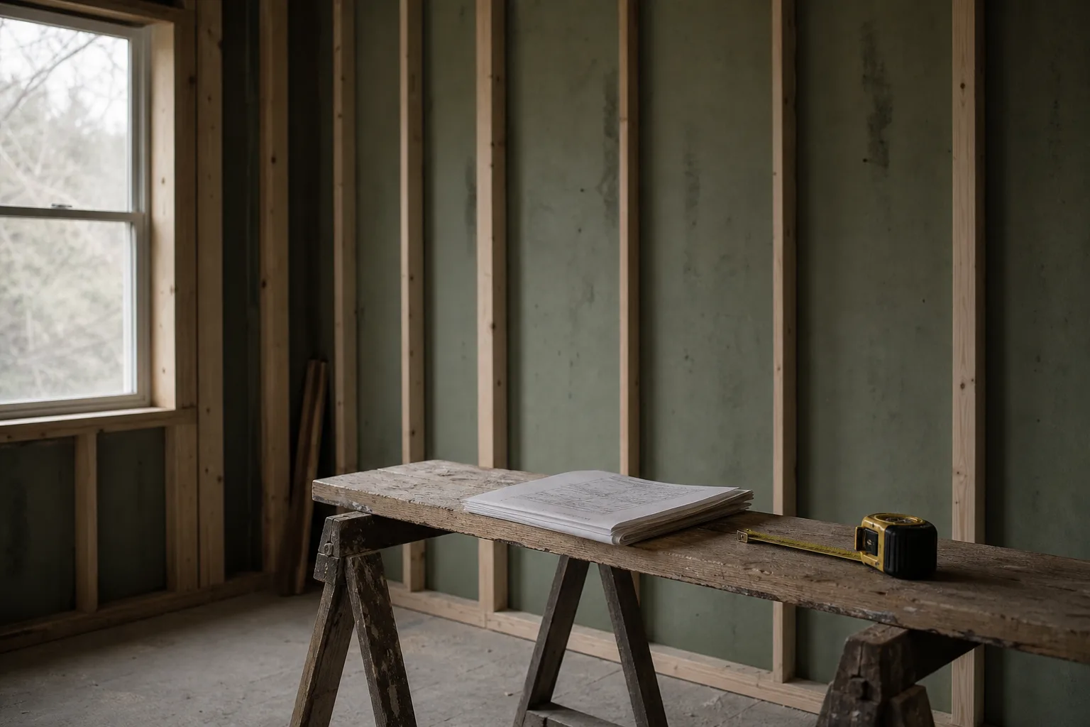 An unfinished interior wall with exposed framing, a folded contract and a tape measure resting on a sawhorse
