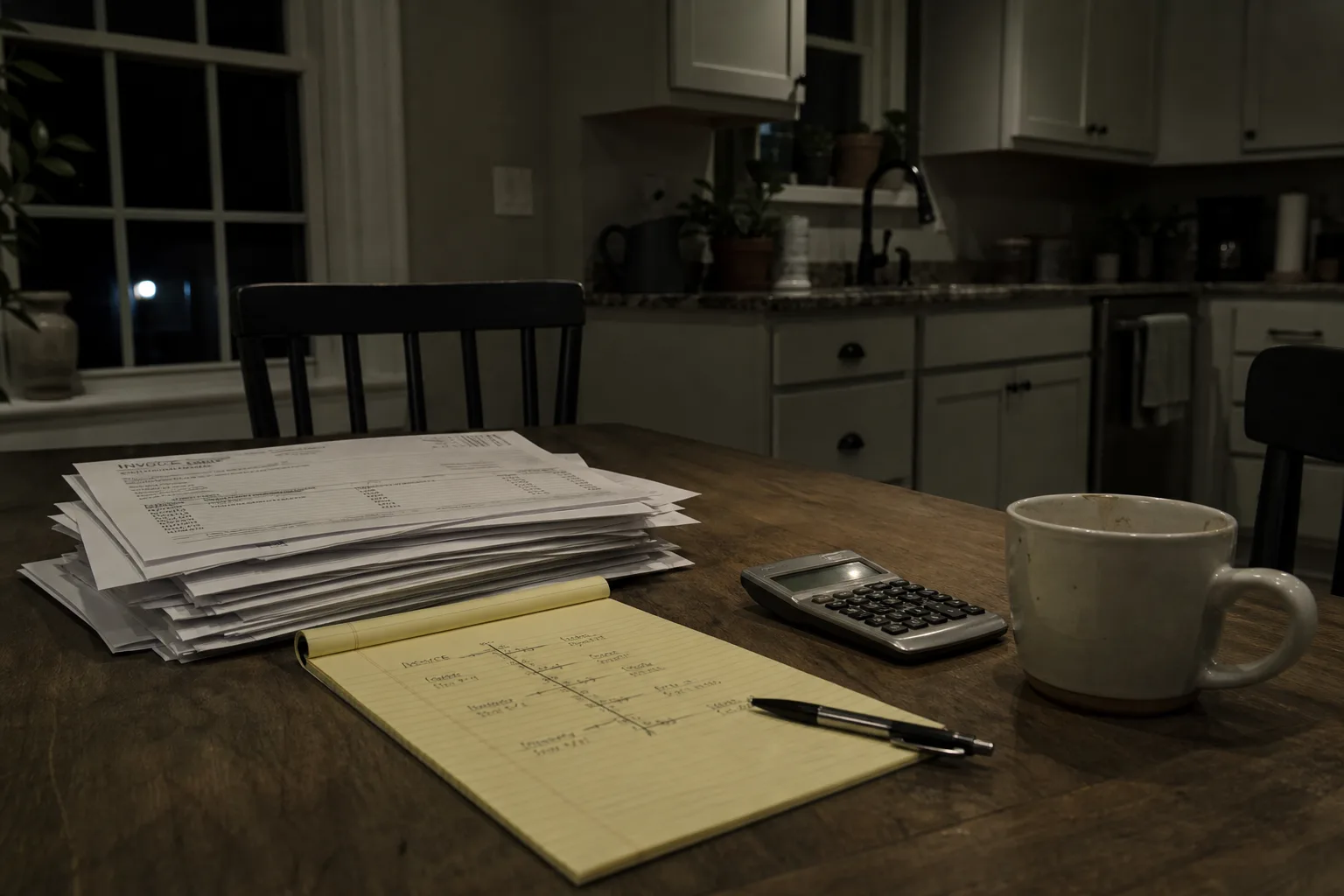 A kitchen table at night with a stack of contractor invoices, a handwritten timeline on a legal pad, a calculator and a half-finished cup of coffee