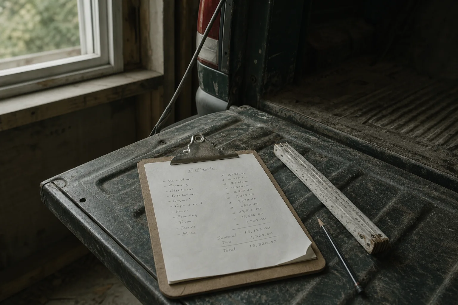 A clipboard with a handwritten estimate resting on a tailgate beside a folding rule and a pencil
